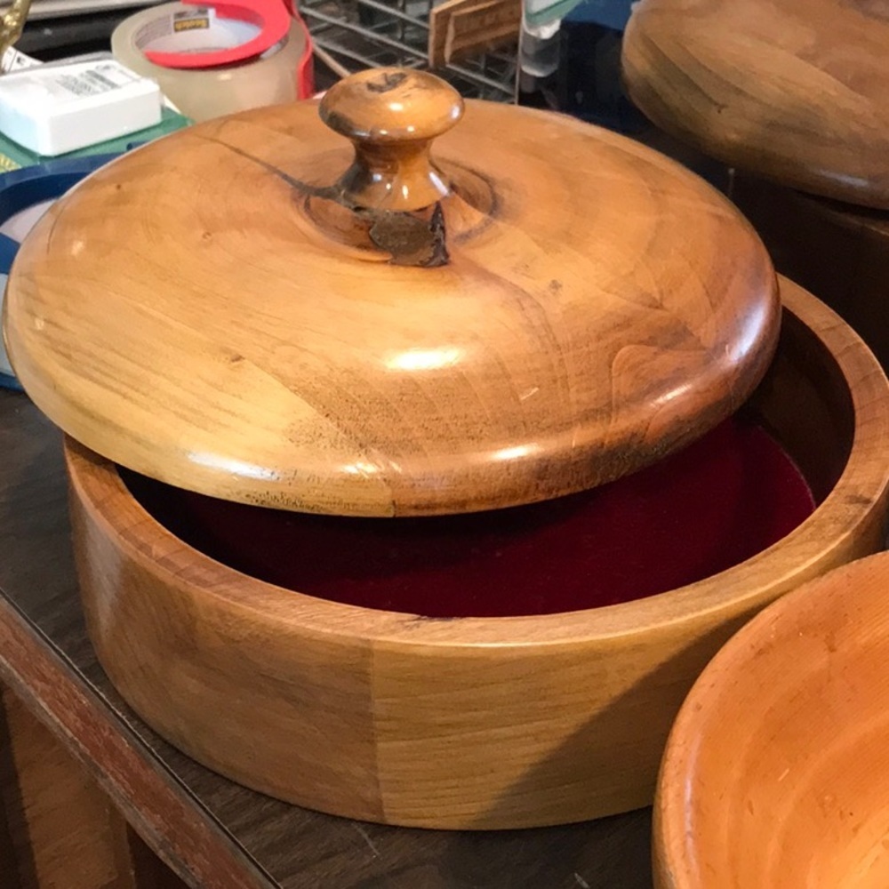 Myrtle Wood Turned Lidded Bowl with Mirror Red Felt Lining Made in Oregon Huge